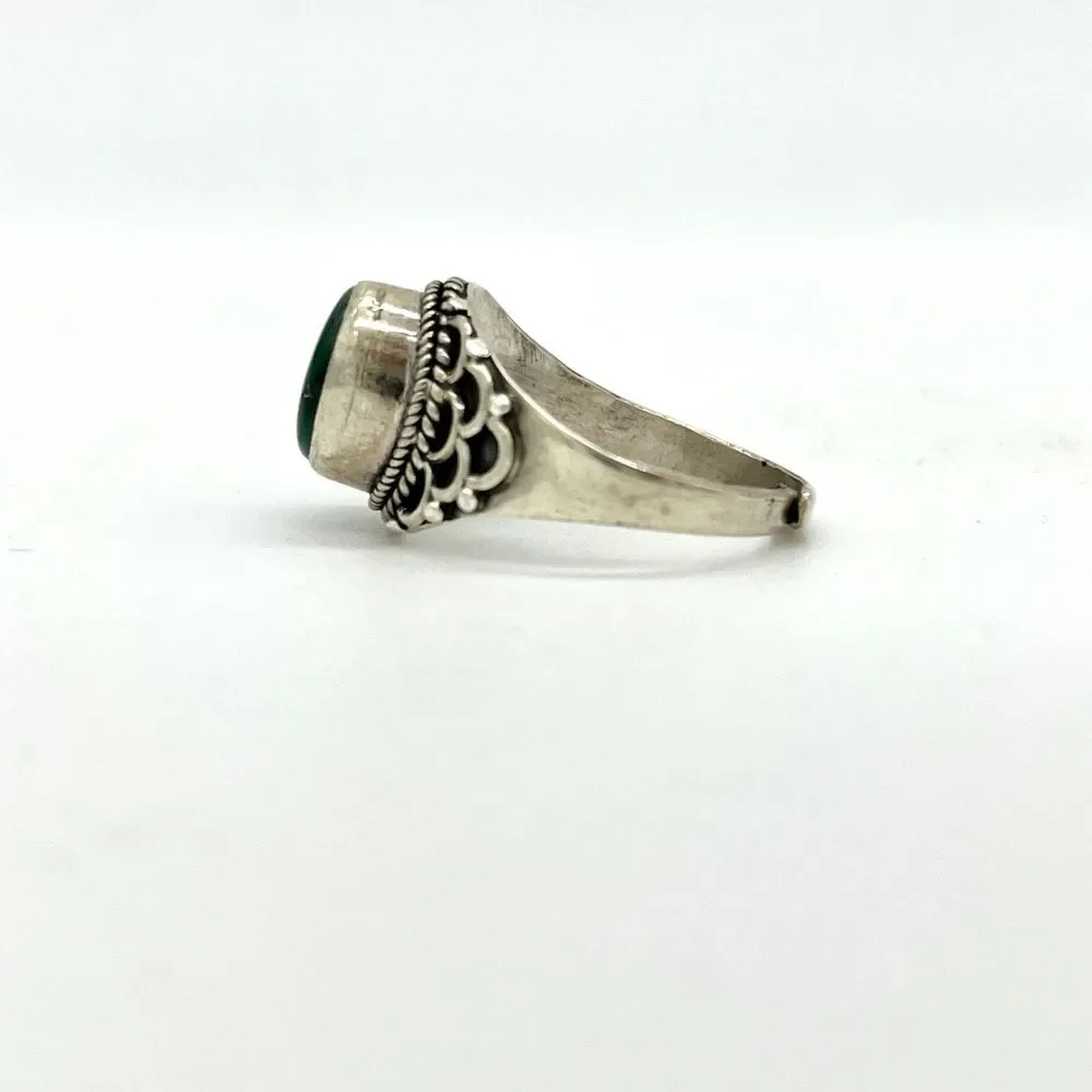925 Sterling Silver Green Malachite Ring Boho Filigree Ornate Adjustable Size 10